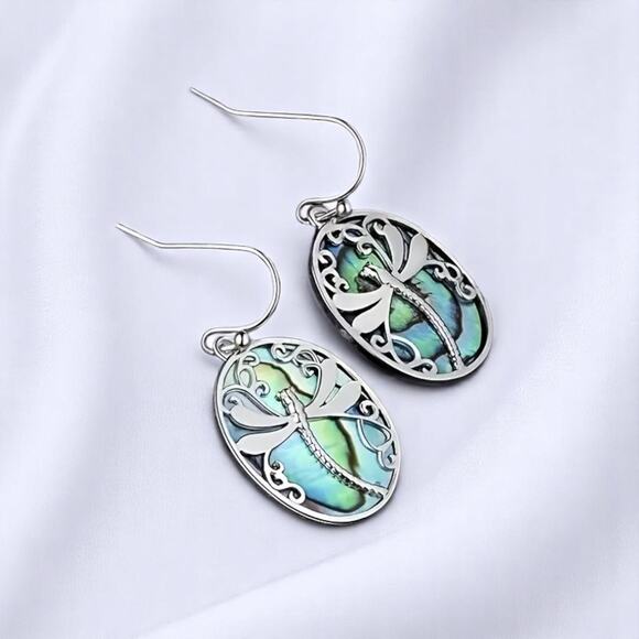 Dragonfly Dangle Earrings | Silver Shell Iridescent Bohemian Boho | New - Picture 6 of 7